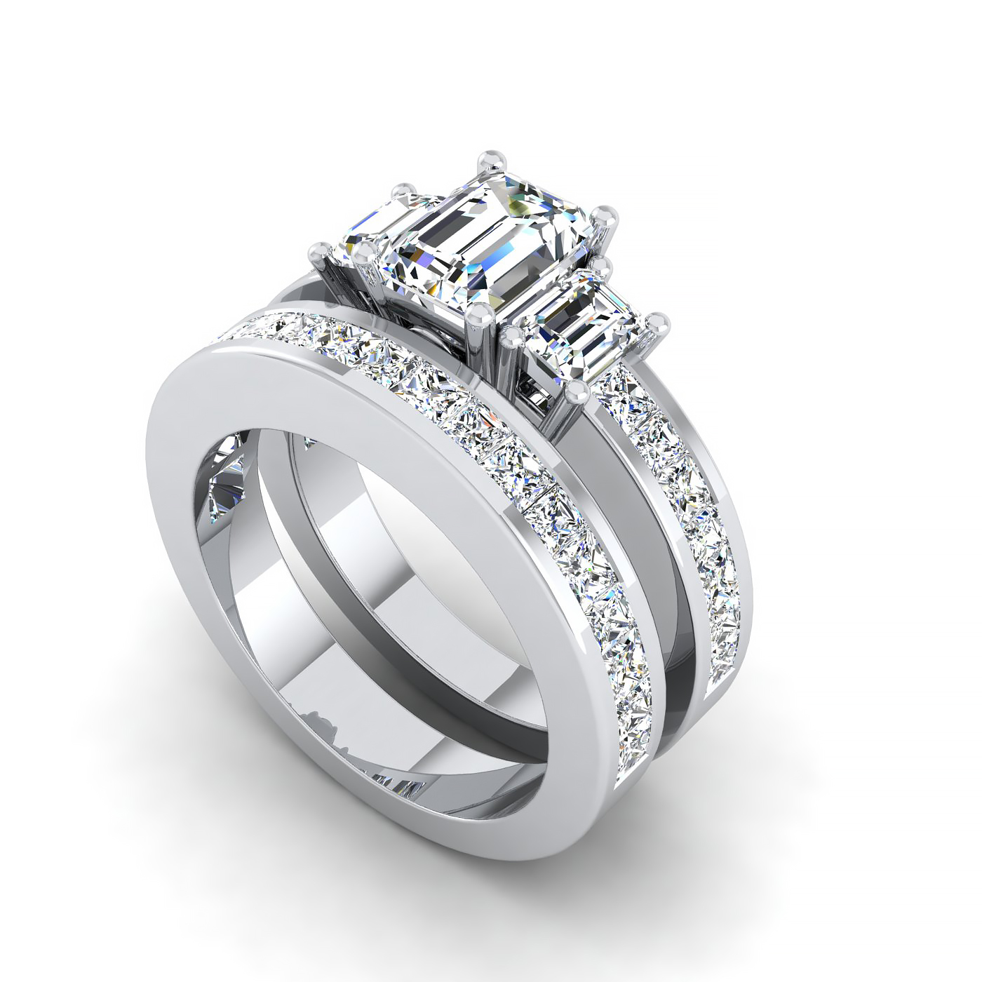 Three Stone Emerald Cut Bridal Set